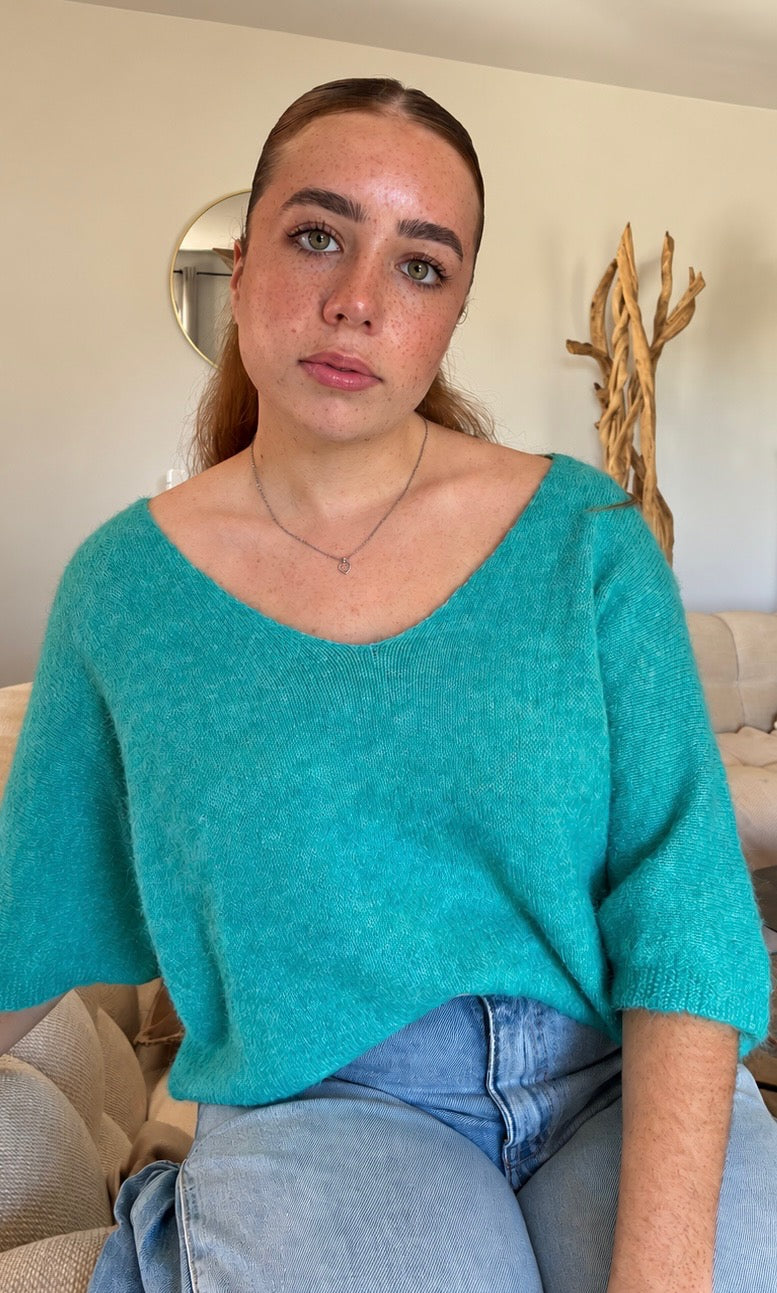 Pull manches 3/4 bleu turquoise MAEVA